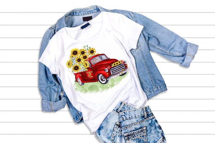 This Red Vintage Truck & Sunflowers Design