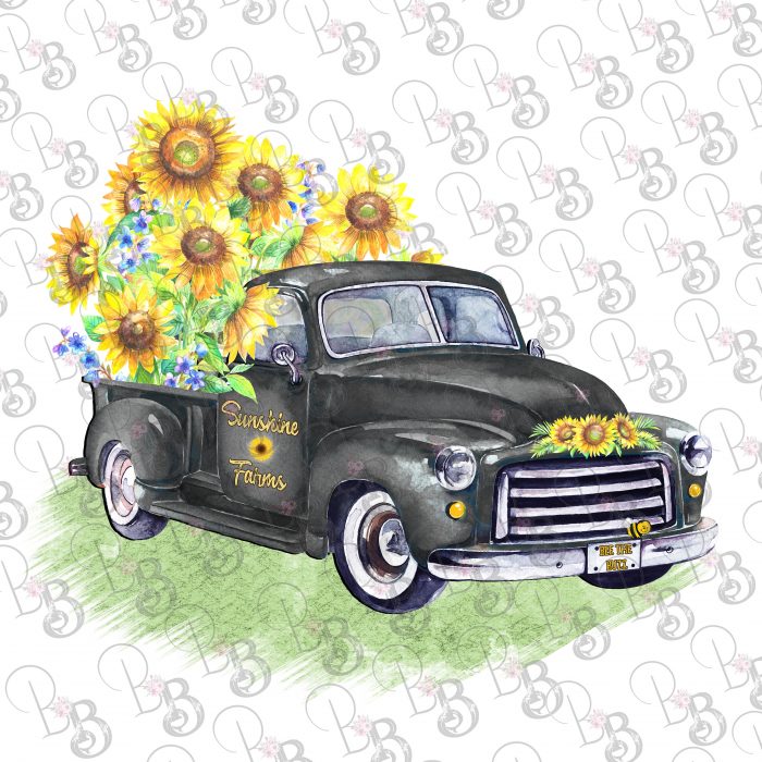 Black Vintage Truck and Sunflowers