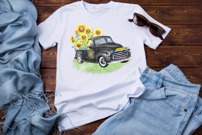 Black Vintage Truck and Sunflowers Png