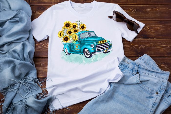 Teal Vintage Truck with Sunflowers